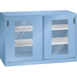 LISTA - Armoire à portes coulissantes avec 2 portes à fenêtre transparente et paroi de séparation (LxPxH) 1500x500x1000mm 4 rayons KEY Lock Bleu clair RAL 5012
