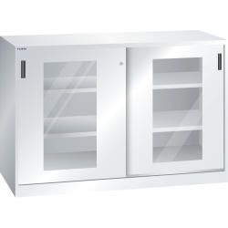 LISTA - Armoire à portes coulissantes avec 2 portes à fenêtre transparente et paroi de séparation (LxPxH) 1500x500x1000mm 4 rayons KEY Lock Gris clair RAL 7035