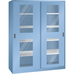 LISTA - Armoire à portes coulissantes avec 2 portes à fenêtre transparente et paroi de séparation (LxPxH) 1500x400x1950mm 8 rayons KEY Lock Bleu clair RAL 5012