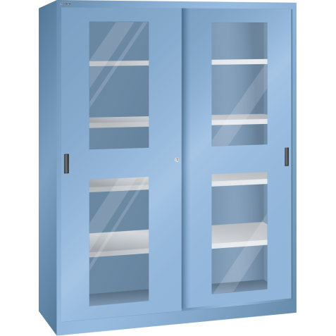 LISTA - Armoire à portes coulissantes avec 2 portes à fenêtre transparente et paroi de séparation (LxPxH) 1500x400x1950mm 8 rayons KEY Lock Bleu clair RAL 5012