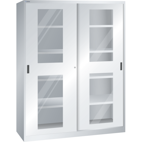 LISTA - Armoire à portes coulissantes avec 2 portes à fenêtre transparente et paroi de séparation (LxPxH) 1500x400x1950mm 8 rayons KEY Lock Gris clair RAL 7035