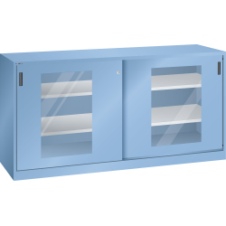 LISTA - Armoire à portes coulissantes avec 2 portes à fenêtre transparente et paroi de séparation (LxPxH) 2000x580x1000mm 4 rayons KEY Lock Bleu clair RAL 5012