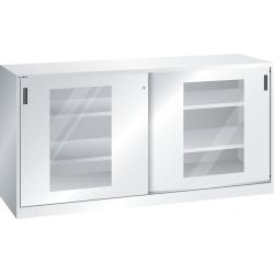 LISTA - Armoire à portes coulissantes avec 2 portes à fenêtre transparente et paroi de séparation (LxPxH) 2000x580x1000mm 4 rayons KEY Lock Gris clair RAL 7035