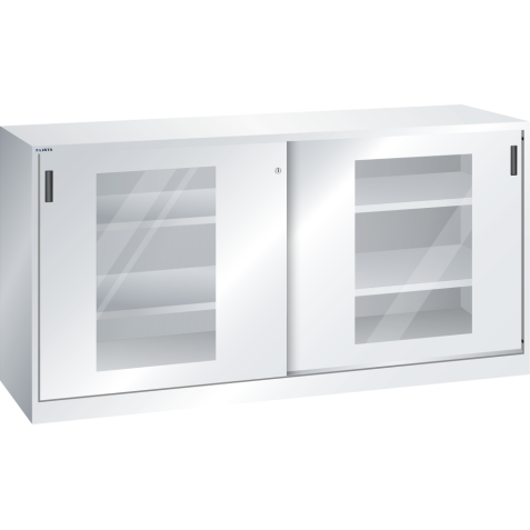 LISTA - Armoire à portes coulissantes avec 2 portes à fenêtre transparente et paroi de séparation (LxPxH) 2000x580x1000mm 4 rayons KEY Lock Gris clair RAL 7035
