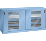 Armoire à 2 portes coulissantes avec fenêtres transparentes et une paroi de séparation Lista H 100 cm x L 200 cm x P 58 cm 2 étagères amovibles, 2 tiroirs et 4 étagères extensibles Key Lock