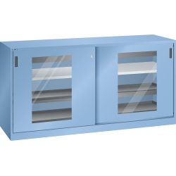 LISTA - Armoire à portes coulissantes avec 2 portes à fenêtre transparente et paroi de séparation (LxPxH) 2000x580x1000mm 2 rayons, 2 tiroirs, 4 rayons extensibles KEY Lock Bleu clair RAL 5012