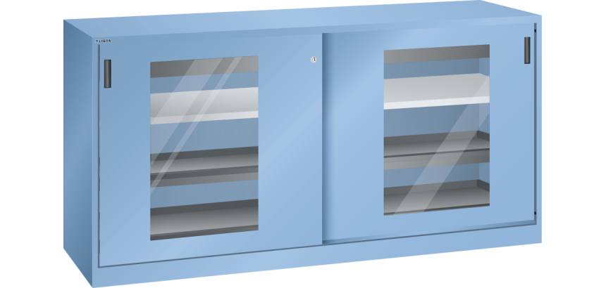 Armoire à 2 portes coulissantes avec fenêtres transparentes et une paroi de séparation Lista H 100 cm x L 200 cm x P 58 cm 2 étagères amovibles, 2 tiroirs et 4 étagères extensibles Key Lock