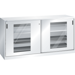 LISTA - Armoire à portes coulissantes avec 2 portes à fenêtre transparente et paroi de séparation (LxPxH) 2000x580x1000mm 2 rayons, 2 tiroirs, 4 rayons extensibles KEY Lock Gris clair RAL 7035