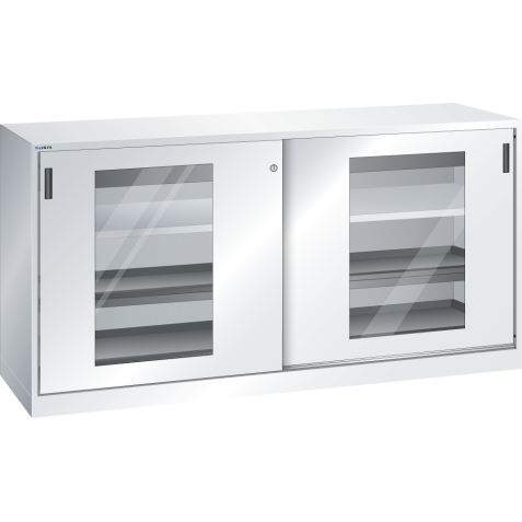 LISTA - Armoire à portes coulissantes avec 2 portes à fenêtre transparente et paroi de séparation (LxPxH) 2000x580x1000mm 2 rayons, 2 tiroirs, 4 rayons extensibles KEY Lock Gris clair RAL 7035