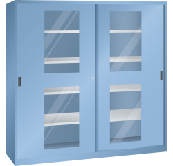 Armoire à 2 portes coulissantes avec fenêtres transparentes et une paroi de séparation Lista H 195 cm 8 étagères amovibles Key Lock