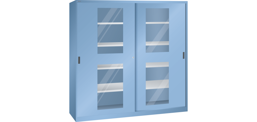 Armoire à 2 portes coulissantes avec fenêtres transparentes et une paroi de séparation Lista H 195 cm 8 étagères amovibles Key Lock