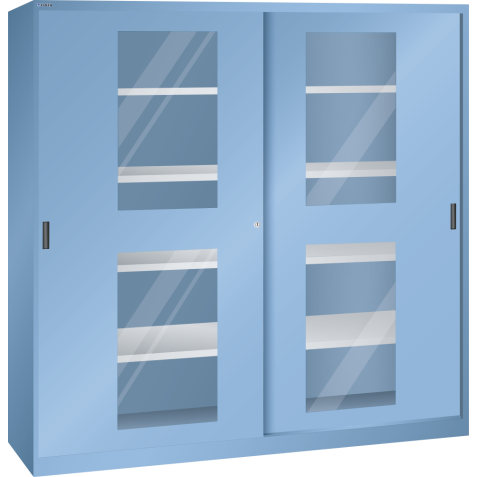 LISTA - Armoire à portes coulissantes avec 2 portes à fenêtre transparente et paroi de séparation (LxPxH) 2000x580x1950mm 8 rayons KEY Lock Bleu clair RAL 5012