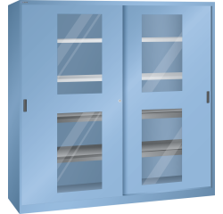 Armoire à portes coulissantes avec fenêtres transparentes et une paroi de séparation Lista H 195 x L 200 x P 58 cm 4 étagères amovibles et 4 étagères extensibles Key Lock