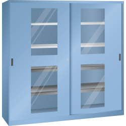 LISTA - Armoire à portes coulissantes avec 2 portes à fenêtre transparente et paroi de séparation (LxPxH) 2000x580x1950mm 4 rayons, 4 rayons extensibles KEY Lock Bleu clair RAL 5012