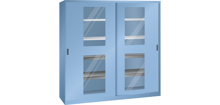 Armoire à portes coulissantes avec fenêtres transparentes et une paroi de séparation Lista H 195 x L 200 x P 58 cm 4 étagères amovibles et 4 étagères extensibles Key Lock