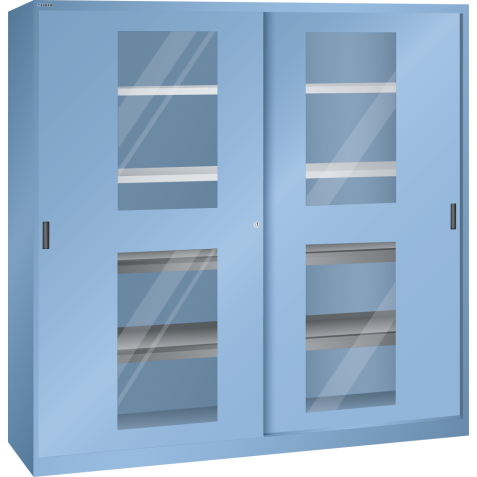 LISTA - Armoire à portes coulissantes avec 2 portes à fenêtre transparente et paroi de séparation (LxPxH) 2000x580x1950mm 4 rayons, 4 rayons extensibles KEY Lock Bleu clair RAL 5012