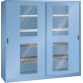 LISTA - Armoire à portes coulissantes avec 2 portes à fenêtre transparente et paroi de séparation (LxPxH) 2000x580x1950mm 4 rayons, 4 rayons extensibles KEY Lock Bleu clair RAL 5012