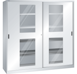 Armoire à portes coulissantes avec fenêtres transparentes et une paroi de séparation Lista H 195 x L 200 x P 58 cm 4 étagères amovibles et 4 étagères extensibles Key Lock