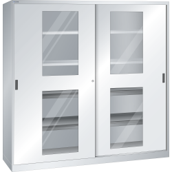 LISTA - Armoire à portes coulissantes avec 2 portes à fenêtre transparente et paroi de séparation (LxPxH) 2000x580x1950mm 4 rayons, 4 rayons extensibles KEY Lock Gris clair RAL 7035