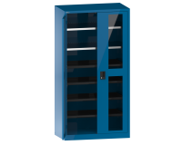 Armoire à 2 portes battantes charnières avec 2 portes à fenêtre transparente Lista H 195 x L 100 x P 58 cm 2 étagères amovibles et 4 étagères extensibles Key Lock