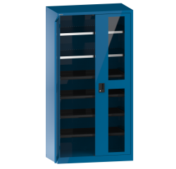 Armoire à 2 portes battantes charnières avec 2 portes à fenêtre transparente Lista H 195 x L 100 x P 58 cm 2 étagères amovibles et 4 étagères extensibles Key Lock