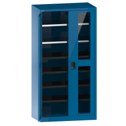 LISTA - Armoire à portes battantes avec 2 portes à fenêtre transparente charnière (LxPxH) 1000x580x1950mm 2 rayons, 4 rayons extensibles KEY Lock Bleu clair RAL 5012