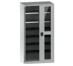 Armoire à 2 portes battantes charnières avec 2 portes à fenêtre transparente Lista H 195 x L 100 x P 58 cm 2 étagères amovibles et 4 étagères extensibles Key Lock