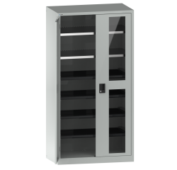 Armoire à 2 portes battantes charnières avec 2 portes à fenêtre transparente Lista H 195 x L 100 x P 58 cm 2 étagères amovibles et 4 étagères extensibles Key Lock