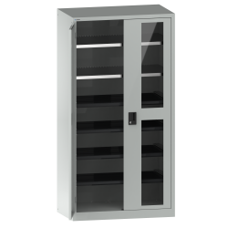 LISTA - Armoire à portes battantes avec 2 portes à fenêtre transparente charnière (LxPxH) 1000x580x1950mm 2 rayons, 4 rayons extensibles KEY Lock Gris clair RAL 7035