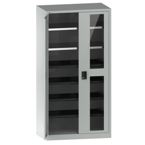 LISTA - Armoire à portes battantes avec 2 portes à fenêtre transparente charnière (LxPxH) 1000x580x1950mm 2 rayons, 4 rayons extensibles KEY Lock Gris clair RAL 7035