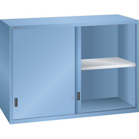 LISTA - Éléments supérieur pour armoires à tiroirs avec portes coulissantes en tôle pleine 78x36E (LxPxH) 1431x725x1000mm KEY Lock Bleu clair RAL 5012