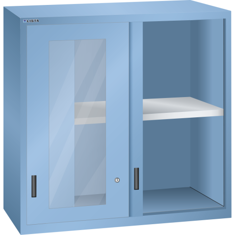 LISTA - Éléments supérieur pour armoires à tiroirs avec portes coulissantes à fenêtre transparente 54x27E (LxPxH) 1023x572x1000mm KEY Lock Bleu clair RAL 5012