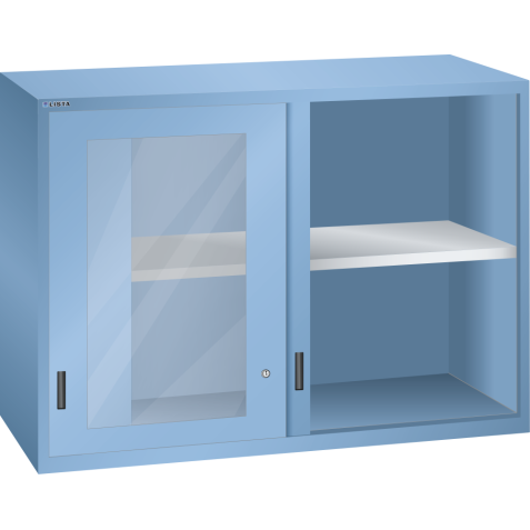 LISTA - Éléments supérieur pour armoires à tiroirs avec portes coulissantes à fenêtre transparente 78x36E (LxPxH) 1431x725x1000mm KEY Lock Bleu clair RAL 5012