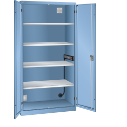 LISTA - Armoire de charge de batterie avec 2 portes en tôle pleine charnière (LxPxH) 1000x580x1950mm Type F 1x5 (230V) sur la paroi latérale, 4 rayons KEY Lock Bleu clair RAL 5012