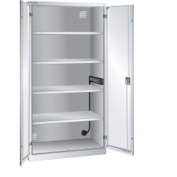 LISTA - Armoire de charge de batterie avec 2 portes en tôle pleine charnière (LxPxH) 1000x580x1950mm Type F 1x5 (230V) sur la paroi latérale, 4 rayons KEY Lock Gris clair RAL 7035