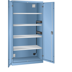 LISTA - Armoire de charge de batterie avec 2 portes en tôle pleine charnière (LxPxH) 1000x580x1950mm Type F 2x5 (230V) sur la paroi latérale, 4 rayons KEY Lock Bleu clair RAL 5012