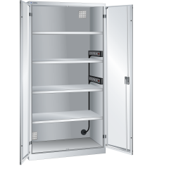 LISTA - Armoire de charge de batterie avec 2 portes en tôle pleine charnière (LxPxH) 1000x580x1950mm Type F 2x5 (230V) sur la paroi latérale, 4 rayons KEY Lock Gris clair RAL 7035