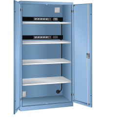 LISTA - Armoire de charge de batterie avec 2 portes en tôle pleine charnière (LxPxH) 1000x580x1950mm Type F 2x5 (230V) sur la paroi arrière, FI/LS 4 rayons KEY Lock Bleu clair RAL 5012