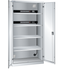 LISTA - Armoire de charge de batterie avec 2 portes en tôle pleine charnière (LxPxH) 1000x580x1950mm Type F 2x5 (230V) sur la paroi arrière, FI/LS 4 rayons KEY Lock Gris clair RAL 7035