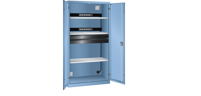 LISTA - Armoire charge batterie H 195 x L 100 x P 58 cm - 2 rampes électrique avec 5 prises (230V) - 2 tiroirs laqués gris anthracite