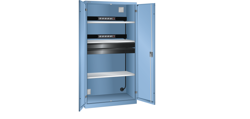 LISTA - Armoire charge batterie H 195 x L 100 x P 58 cm - 2 rampes électrique avec 5 prises (230V) - 2 tiroirs laqués gris anthracite