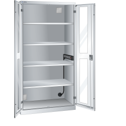 LISTA - Armoire de charge de batterie avec 2 portes à fenêtre transparente charnière (LxPxH) 1000x580x1950mm Type F 1x5 (230V) sur la paroi latérale, 4 rayons KEY Lock Gris clair RAL 7035