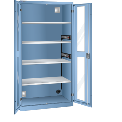LISTA - Armoire de charge de batterie avec 2 portes à fenêtre transparente charnière (LxPxH) 1000x580x1950mm Type F 2x5 (230V) sur la paroi latérale, 4 rayons KEY Lock Bleu clair RAL 5012