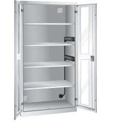 LISTA - Armoire de charge de batterie avec 2 portes à fenêtre transparente charnière (LxPxH) 1000x580x1950mm Type F 2x5 (230V) sur la paroi latérale, 4 rayons KEY Lock Gris clair RAL 7035