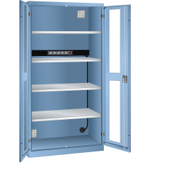 LISTA - Armoire de charge de batterie avec 2 portes à fenêtre transparente charnière (LxPxH) 1000x580x1950mm Type F 1x5 (230V) sur la paroi arrière, 4 rayons KEY Lock Bleu clair RAL 5012