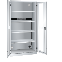 LISTA - Armoire de charge de batterie avec 2 portes à fenêtre transparente charnière (LxPxH) 1000x580x1950mm Type F 1x5 (230V) sur la paroi arrière, 4 rayons KEY Lock Gris clair RAL 7035