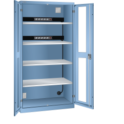 LISTA - Armoire de charge de batterie avec 2 portes à fenêtre transparente charnière (LxPxH) 1000x580x1950mm Type F 2x5 (230V) sur la paroi arrière, 4 rayons KEY Lock Bleu clair RAL 5012
