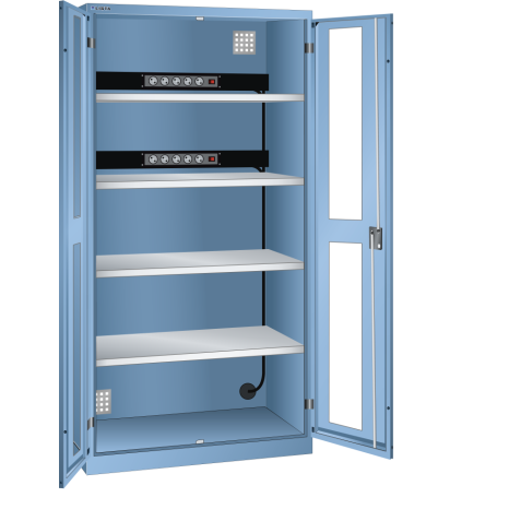 LISTA - Armoire de charge de batterie avec 2 portes à fenêtre transparente charnière (LxPxH) 1000x580x1950mm Type F 2x5 (230V) sur la paroi arrière, 4 rayons KEY Lock Bleu clair RAL 5012