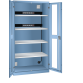 LISTA - Armoire de charge de batterie avec 2 portes à fenêtre transparente charnière (LxPxH) 1000x580x1950mm Type F 2x5 (230V) sur la paroi arrière, 4 rayons KEY Lock Bleu clair RAL 5012