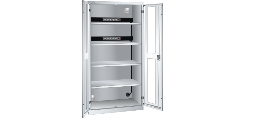 LISTA - Armoire charge batterie H 195 x L 100 x P 58 cm - 2 rampes électriques de 5 prises (230V) sur la paroi arrière